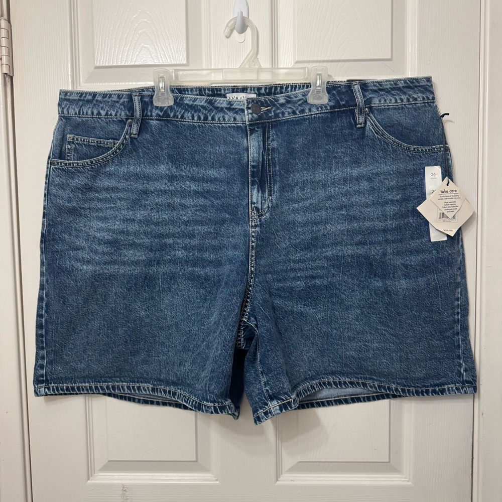 AVA & VIV Midi Dark Blue Denim High Rise Jean Shorts Women’s Plus Size 26 NWT